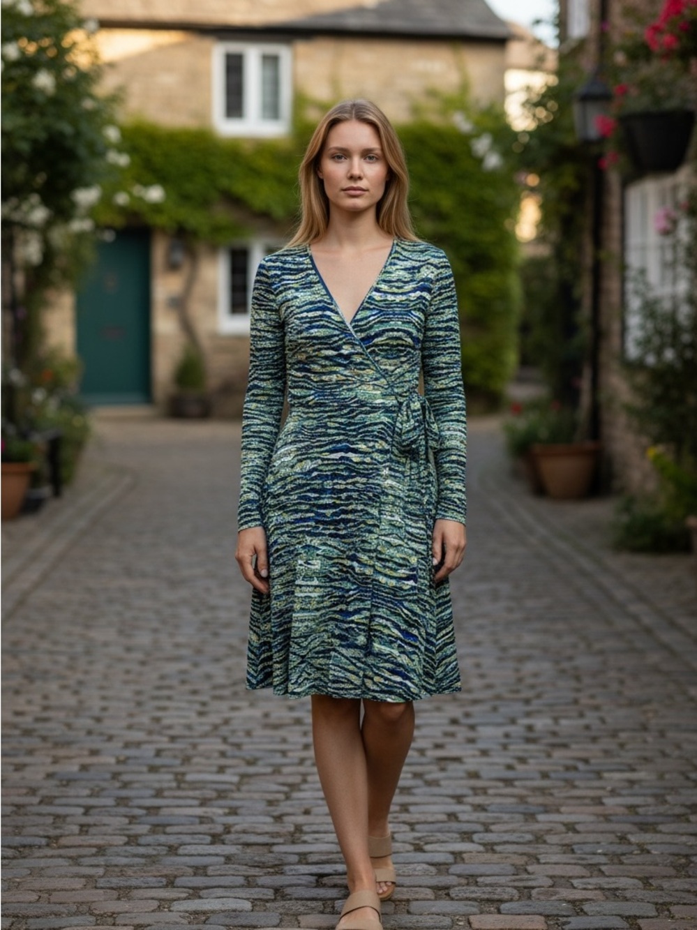 Cynthia Rowley Green and Blue Printed Wrap Midi Dress